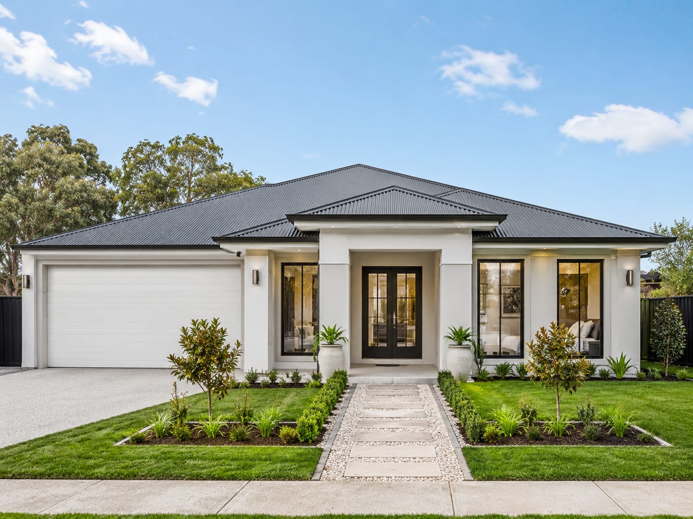 A single-storey Australian home with roller shutters fitted over its front windows